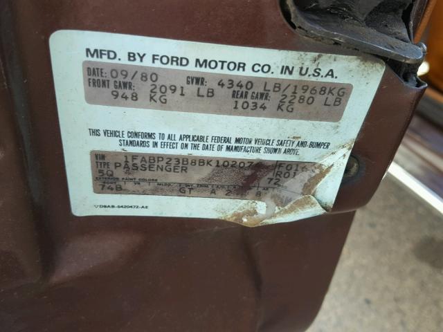 1FABP23B8BK102074 - 1981 FORD FAIRMONT BROWN photo 10