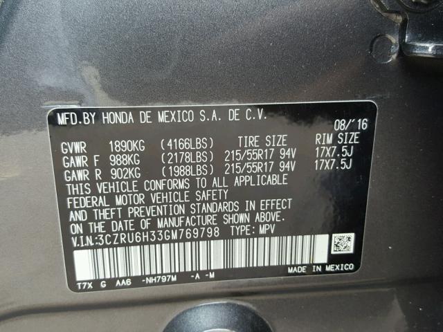 3CZRU6H33GM769798 - 2016 HONDA HR-V LX GRAY photo 10