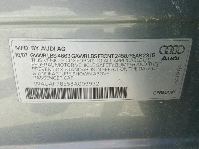 WAUAF78E58A099932 - 2008 AUDI A4 2.0T SILVER photo 10