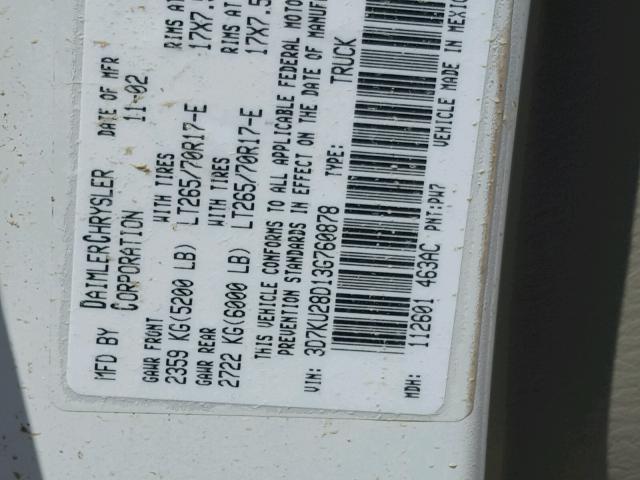 3D7KU28D13G760878 - 2003 DODGE RAM 2500 S WHITE photo 10