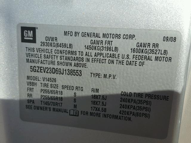 5GZEV23D69J138553 - 2009 SATURN OUTLOOK XR ვერცხლისფერი ფოტო 10