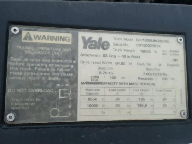 C813D02381X - 2000 YALE FORKLIFT YELLOW photo 10
