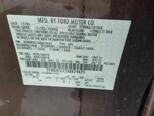 2FMGK5CC2ABA74625 - 2010 FORD FLEX SEL ბურგუნდია ფოტო 10