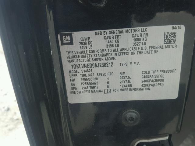 1GKLVNED9AJ238212 - 2010 GMC ACADIA SLT შავი ფოტო 10