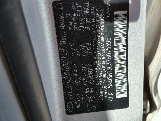 5NMSH13E37H075395 - 2007 HYUNDAI SANTA FE S SILVER photo 10