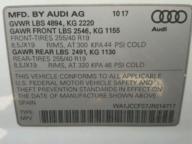 WA1JCCFS7JR014717 - 2018 AUDI Q3 PREMIUM WHITE photo 10