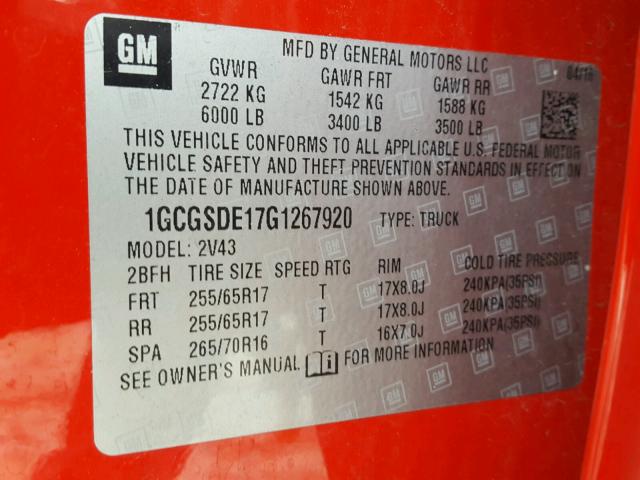 1GCGSDE17G1267920 - 2016 CHEVROLET COLORADO Z RED photo 10