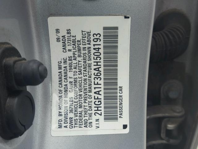 2HGFA1F36AH504193 - 2010 HONDA CIVIC VP SILVER photo 10