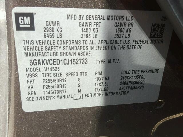 5GAKVCED1CJ152733 - 2012 BUICK ENCLAVE BROWN photo 10