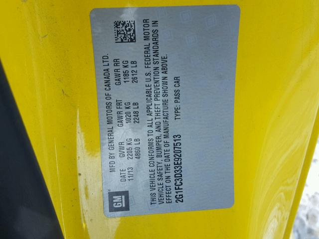 2G1FC3D33E9207513 - 2014 CHEVROLET CAMARO LT YELLOW photo 10