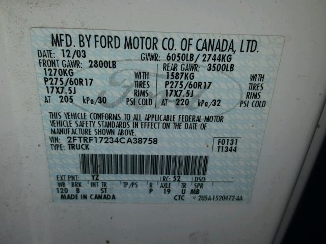 2FTRF17234CA38758 - 2004 FORD F-150 HERI WHITE photo 10