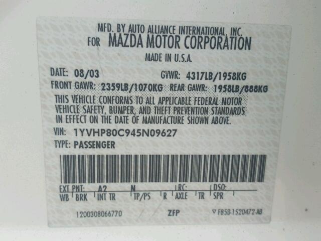 1YVHP80C945N09627 - 2004 MAZDA 6 I WHITE photo 10