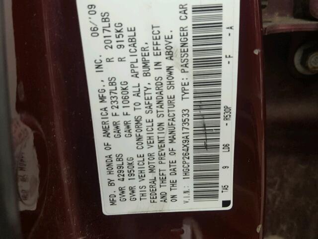 1HGCP264X9A173533 - 2009 HONDA ACCORD LXP BURGUNDY photo 10