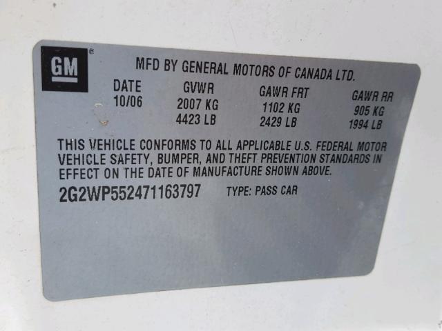 2G2WP552471163797 - 2007 PONTIAC GRAND PRIX WHITE photo 10