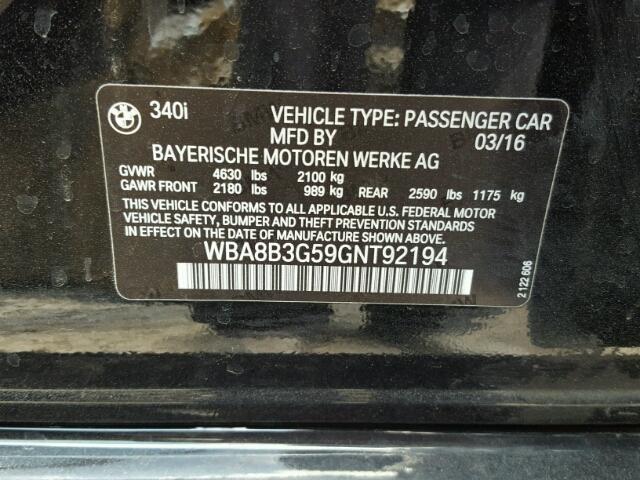 WBA8B3G59GNT92194 - 2016 BMW 340 I BLACK photo 10