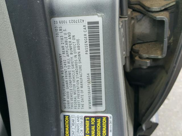 WVWRH63B64P145654 - 2004 VOLKSWAGEN PASSAT GLX GRAY photo 10