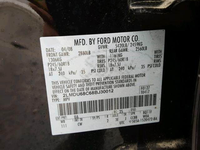 2LMDU68C68BJ30012 - 2008 LINCOLN MKX BLACK photo 10