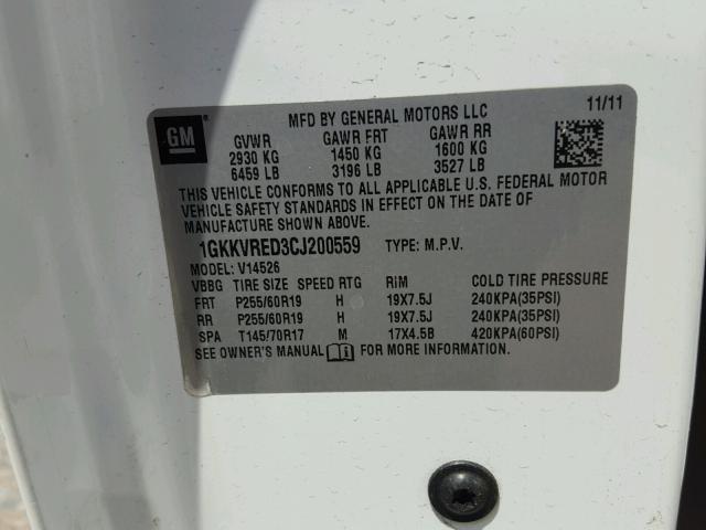 1GKKVRED3CJ200559 - 2012 GMC ACADIA SLT 白色 照片 10