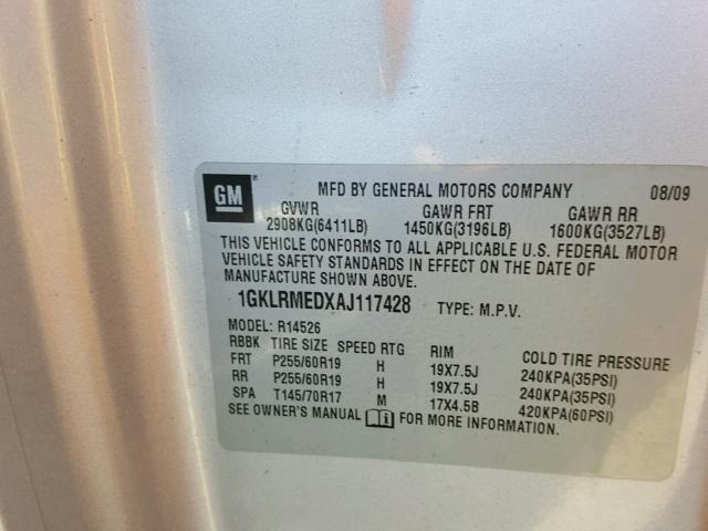 1GKLRMEDXAJ117428 - 2010 GMC ACADIA SLT ვერცხლისფერი ფოტო 10