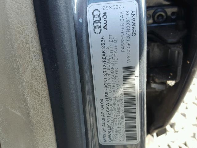 WAUCD64BX4N098198 - 2004 AUDI A6 S-LINE GRAY photo 10