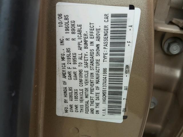 1HGCM55137A041986 - 2007 HONDA ACCORD VAL GOLD photo 10