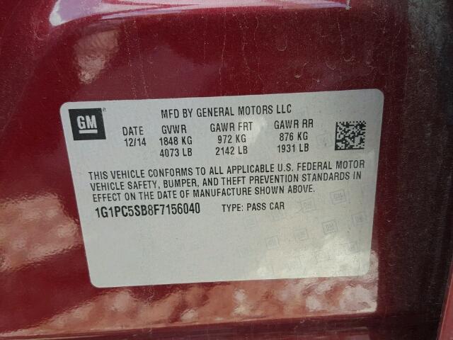 1G1PC5SB8F7156040 - 2015 CHEVROLET CRUZE LT MAROON photo 10