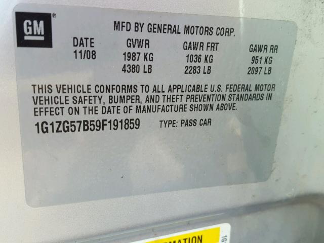 1G1ZG57B59F191859 - 2009 CHEVROLET MALIBU LS 银色 照片 10