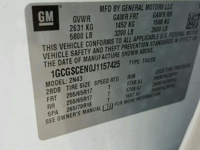 1GCGSCEN0J1157425 - 2018 CHEVROLET COLORADO L WHITE photo 10