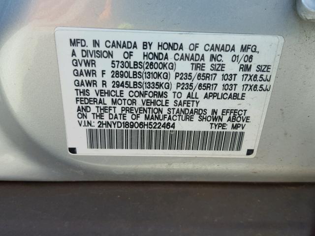 2HNYD18906H522464 - 2006 ACURA MDX TOURIN SILVER photo 10