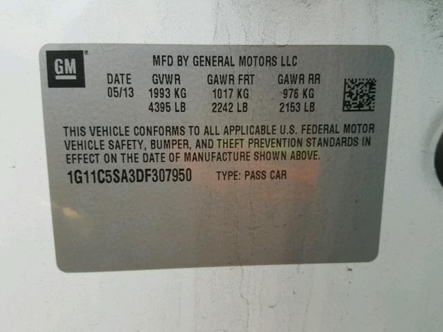 1G11C5SA3DF307950 - 2013 CHEVROLET MALIBU 1LT 白色 照片 10