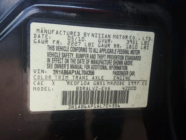 3N1AB6AP1AL704356 - 2010 NISSAN SENTRA BLACK photo 10