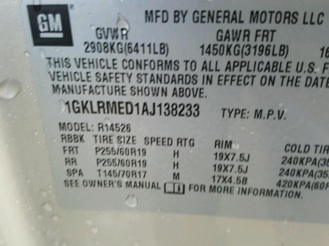 1GKLRMED1AJ138233 - 2010 GMC ACADIA SLT BEIGE photo 10