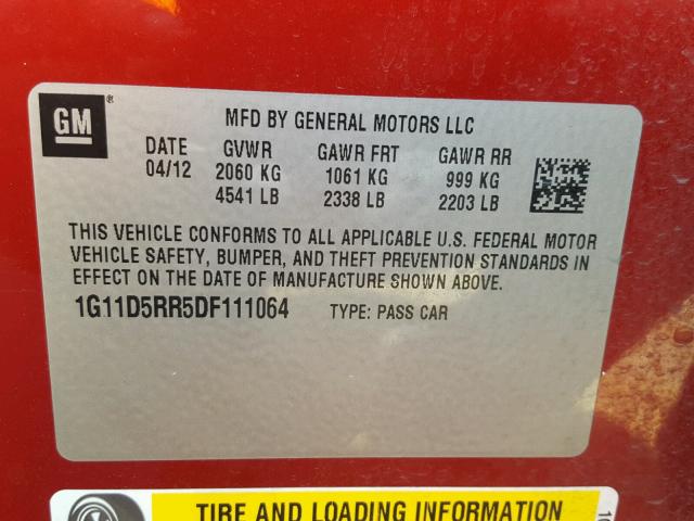 1G11D5RR5DF111064 - 2013 CHEVROLET MALIBU 1LT MAROON photo 10