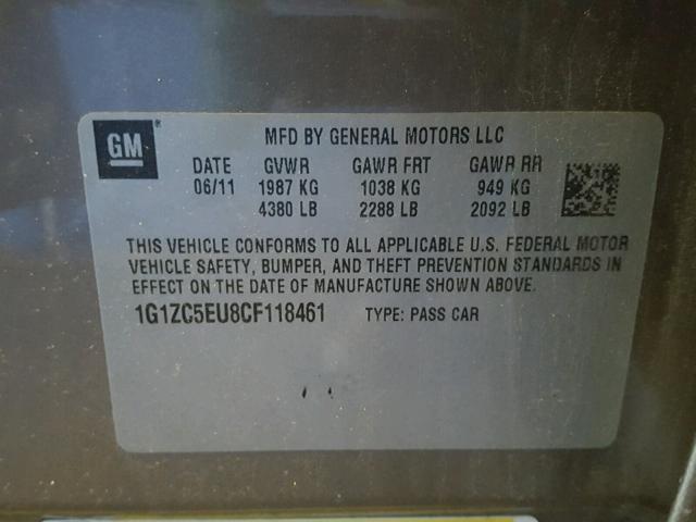 1G1ZC5EU8CF118461 - 2012 CHEVROLET MALIBU 1LT 灰色 照片 10