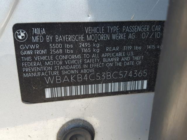 WBAKB4C53BC574365 - 2011 BMW 740 LI SILVER photo 10