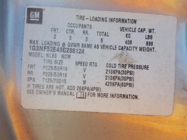 1G3NF52E43C238124 - 2003 OLDSMOBILE ALERO GLS 银色 照片 10