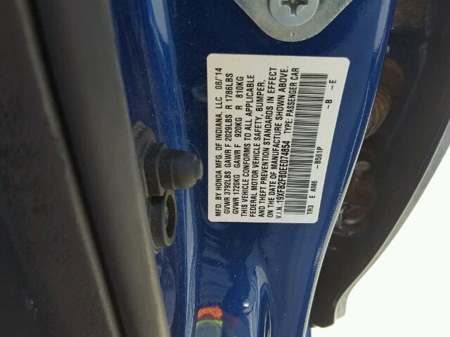 19XFB2F80EE074854 - 2014 HONDA CIVIC EX BLUE photo 10