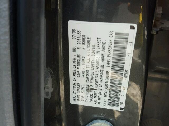 1HGCP36829A002008 - 2009 HONDA ACCORD EXL GRAY photo 10