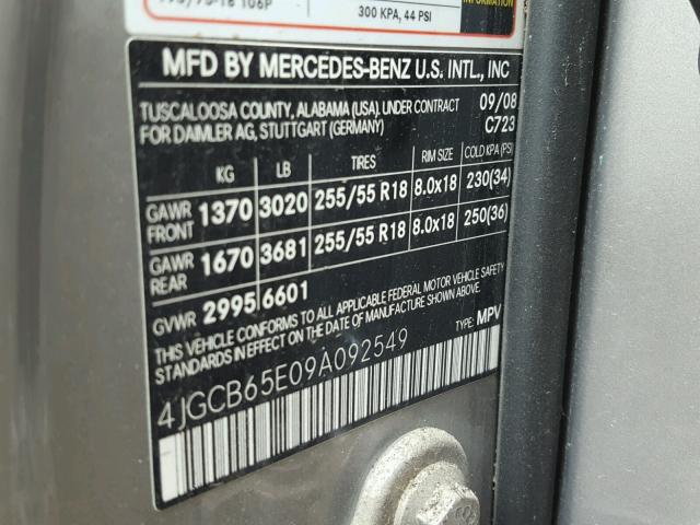 4JGCB65E09A092549 - 2009 MERCEDES-BENZ R 350 4MAT GRAY photo 10