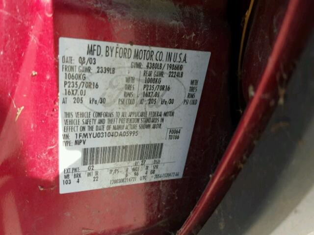 1FMYU03104DA05995 - 2004 FORD ESCAPE XLT RED photo 10