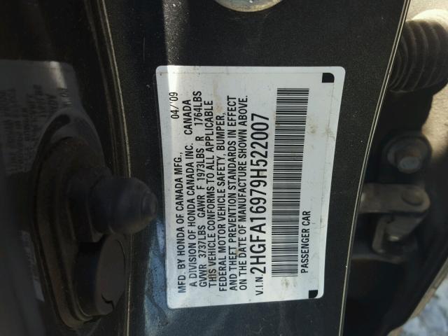 2HGFA16979H522007 - 2009 HONDA CIVIC EXL ნაცრისფერი ფოტო 10