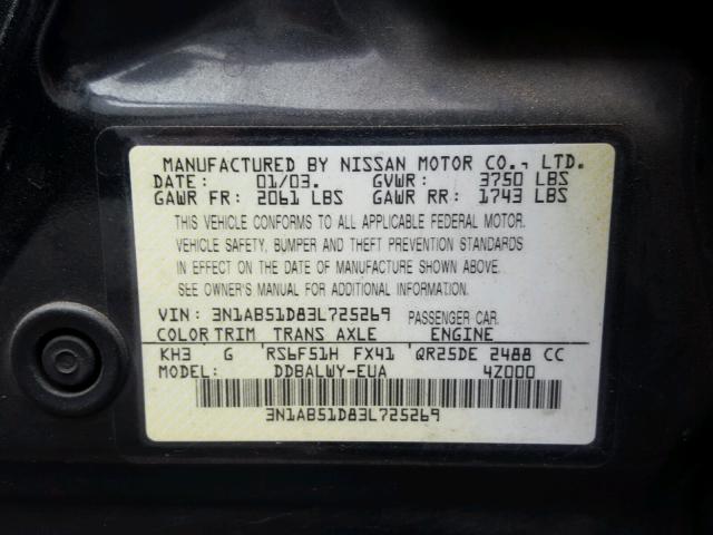 3N1AB51D83L725269 - 2003 NISSAN SENTRA SE- BLACK photo 10