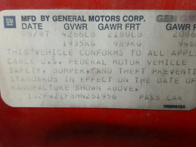 1G2FW21F8HN251956 - 1987 PONTIAC FIREBIRD T RED photo 10