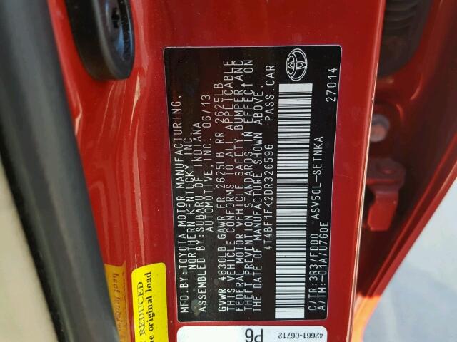 4T4BF1FK2DR326596 - 2013 TOYOTA CAMRY RED photo 10