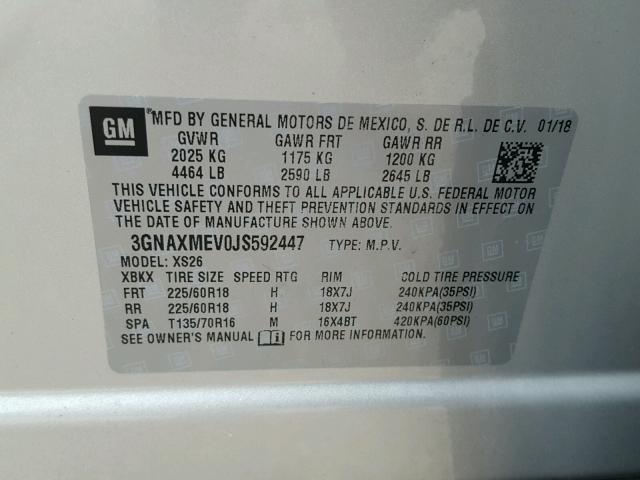 3GNAXMEV0JS592447 - 2018 CHEVROLET EQUINOX PR SILVER photo 10