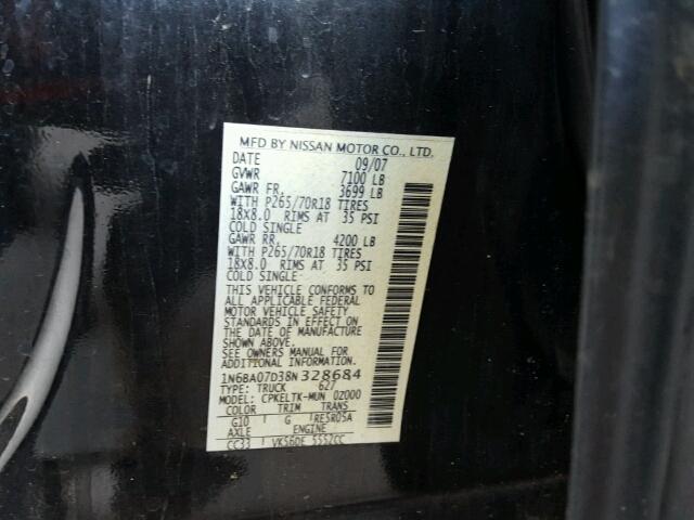 1N6BA07D38N328684 - 2008 NISSAN TITAN XE/S BLACK photo 10