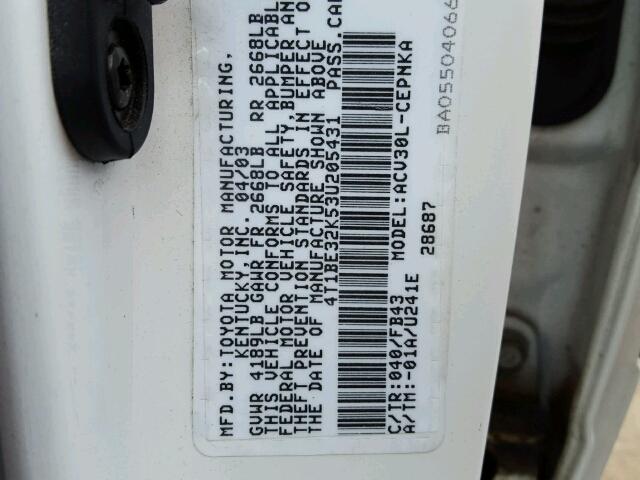 4T1BE32K53U205431 - 2003 TOYOTA CAMRY LE/X WHITE photo 10