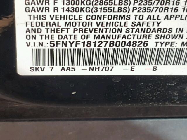 5FNYF18127B004826 - 2007 HONDA PILOT BLACK photo 10