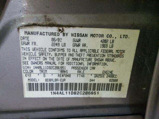 1N4AL11D82C286951 - 2002 NISSAN ALTIMA/S/S TWO TONE photo 10