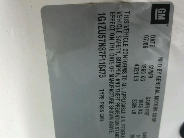 1G1ZU57N87F116475 - 2007 CHEVROLET MALIBU LTZ WHITE photo 10